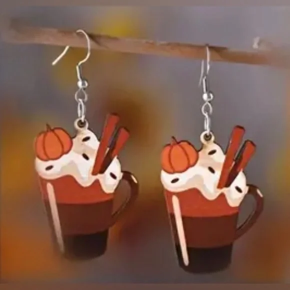 NWT Pumpkin Spice Latte Drop Dangle Earrings Lightweight Wood Fall Autumn - Picture 11 of 11